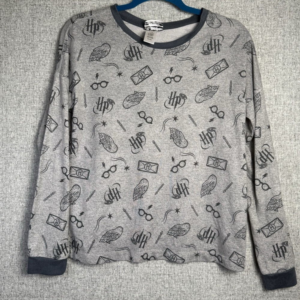 Wizarding World Harry Potter Gray Owl Glasses Print Cozy Pajama Shirt SMALL - Picture 2 of 4